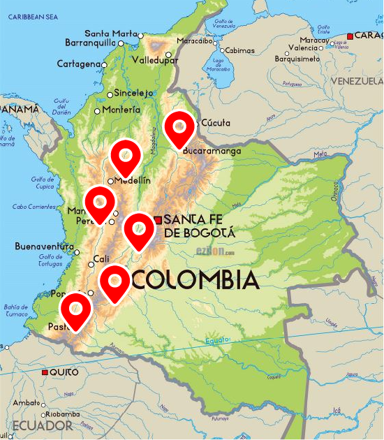 Mapa de Colombia con regiones cafeteras